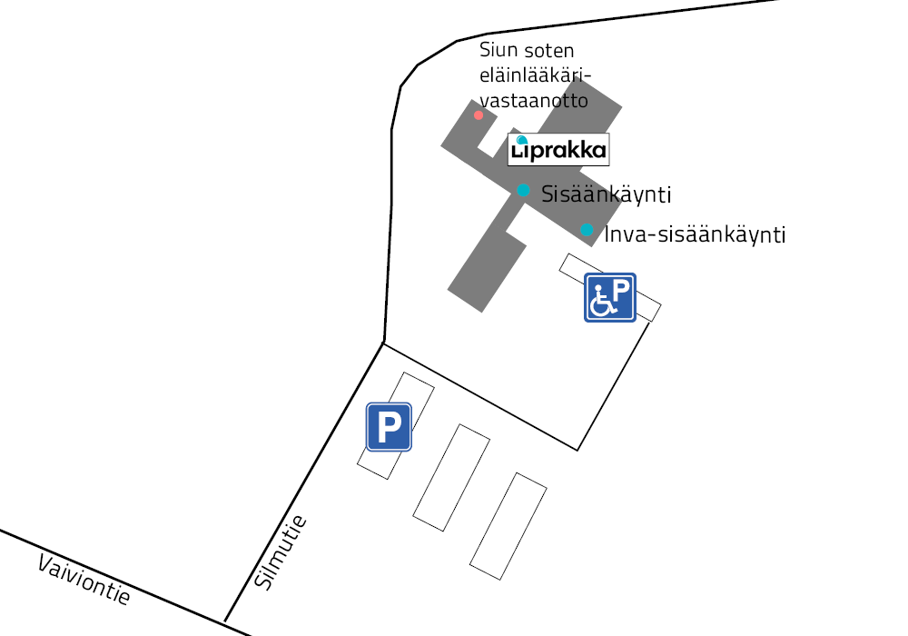 Kartta uimahallin alueesta. Asiakaspysäköinti on Silmutien varressa oikealla puolella ennen uimahallia. Inva-pysäköinti sijaitsee sisäänkäynnin lähellä rakennuksen oikealla puolella.