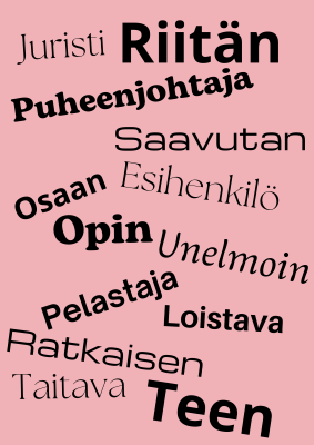 Positiivisia ja sukupuolineutraaleja sanoja kirjoitettuna vaaleanpunaiselle taustalle.