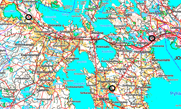 Karttakuvassa Salosen vanha automaalaamo Ylämyllyllä, Piiloniemen kaatopaikka Viinijärvellä ja Nivan kaatopaikka hieman kirkonkylältä Ylämyllyn suuntaan.