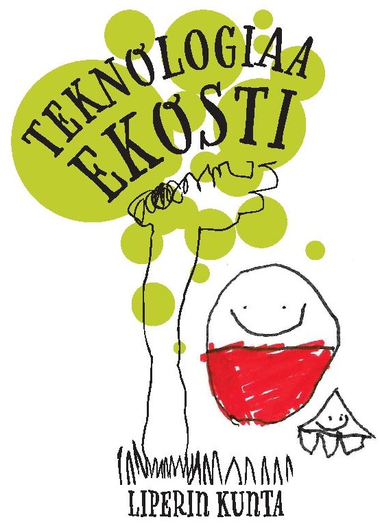 Teknologiaa ekosti -hankkeen logokuva, jossa piirretty hymyilevä hahmo puun vierellä.