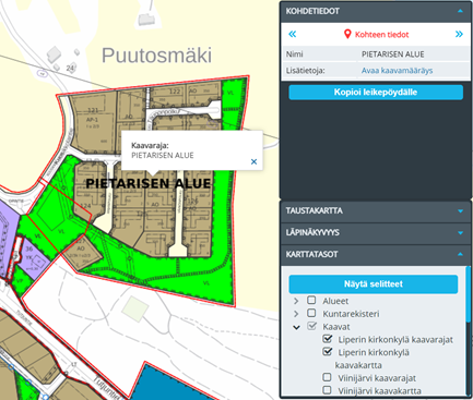 Kuvakaappaus karttapalvelusta, näkymässä Pietarisen alueen kaavatiedot