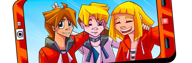 Anime-tyylinen piirroskuva, jossa on kännykän ruudulla kolme nuorta yhdessä poseeraamassa kameralle.