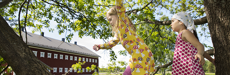 Värikkäisiin kesävaatteisiin pukeutuneet lapset kiipeilevät puussa.