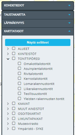 Kuvakaappaus karttapalvelun valikoista ja selitteistä.