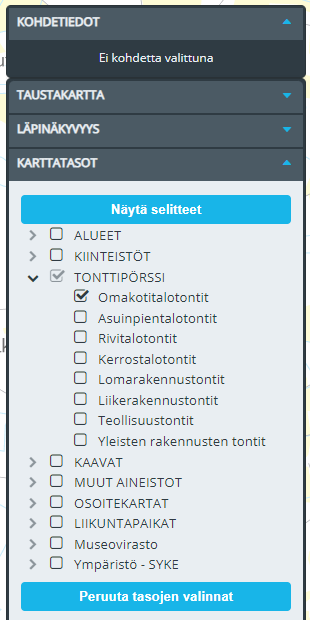 Kuvakaappaus karttapalvelun tonttityyppien valikosta.
