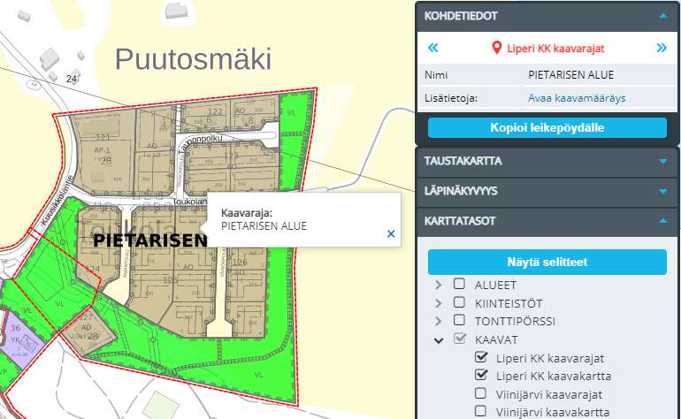 Kuvakaappaus karttapalvelun näkymästä, jossa on eritelty kaava-alueet.