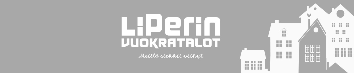 Liperin vuokratalojen logo ja toisessa reunassa talojen siluetti harmaalla taustalla