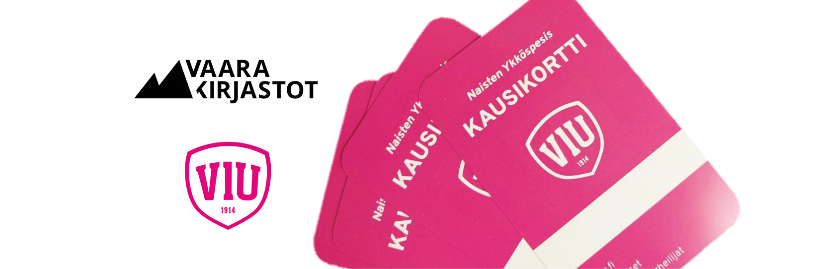 Viinijärven Urheilijoiden ja Vaara-kirjastojen logot sekä muutama pinkki kausikortti päällekkäin valokuvana.